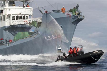 Japanese whaling fleet vessel Yushin Maru No. 3 sprays water cannons at Sea Shepherd activists in a dinghy boat during their clashes in the Southern Ocean