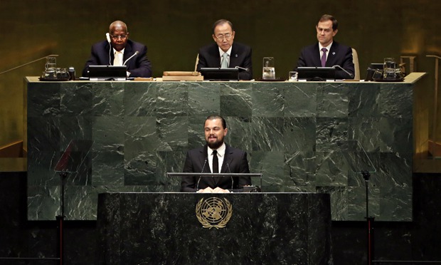 Leonardo DiCaprio, Ban Ki-moon at UN heaquarters during NYC climate week