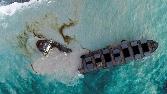 An aerial view on Sunday of the MV Wakashio which ran aground and broke into two parts off Mauritius © AFP via Getty Images