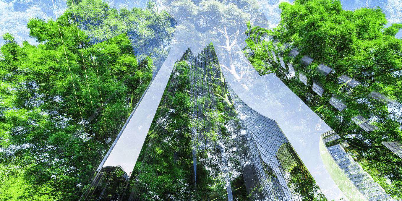 Man vs nature – double exposure of trees and buildings