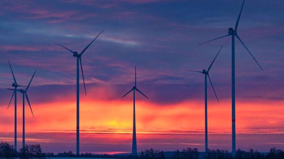 18 January 2021, Brandenburg, Sieversdorf: Colourful clouds glow at sunrise over the landscape with wind turbines in the Oder-Spree district in East Brandenburg. Photo: Patrick Pleul/dpa-Zentralbild/ZB (Photo by Patrick Pleul/picture alliance via Getty Images)