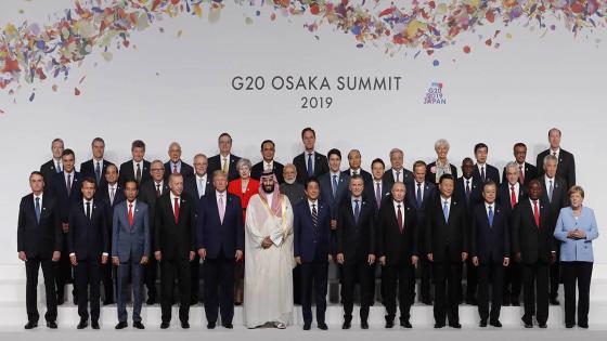 OSAKA, JAPAN - JUNE 28: Japanese Prime Minister Shinzo Abe and other world leaders attend a family photo session at G20 summit on June 28, 2019 in Osaka, Japan. U.S. President Donald Trump arrived in Osaka on Thursday for the annual Group of 20 gathering together with other world leaders who will use the two-day summit to discuss pressing economic, climate change, as well as geopolitical issues. The US-China trade war is expected to dominate the meetings in Osaka as President Trump and China's President Xi Jinping are scheduled to meet on Saturday in an attempt to resolve the ongoing the trade clashes between the world's two largest economies. (Photo by Kim Kyung-Hoon - Pool/Getty Images)