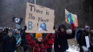 The first day of the Strike WEF march on Davos on 18th of January 2020 near Davos, Switzerland. The first day of the march started in Lanquart with speeches and hot food and ended in Schiers. The protest is planned to finish in Davos with a public meeting in the town on the day the WEF begins. The march is a three day protest against the World Economic Forum meeting in Davos. The activists want climate justice and think that The WEF is for the world's richest and political elite only. (photo by Kristian Buus/In Pictures via Getty Images)